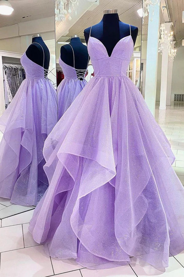 Wholesale Purple Tulle Long A-Line Prom Dress Beautiful Spaghetti Strap Formal Evening Dress