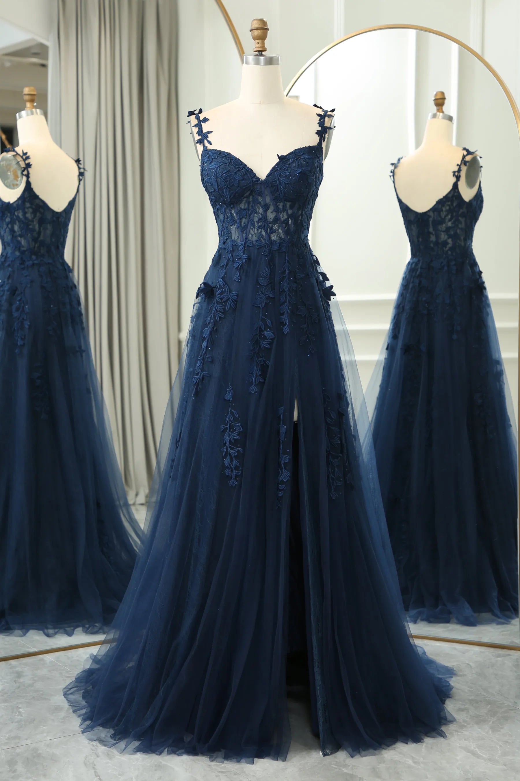 Wholesale Navy A-Line Spaghetti Straps Zipper Back Long Prom Dress With Appliques prom dresses with long sleeves