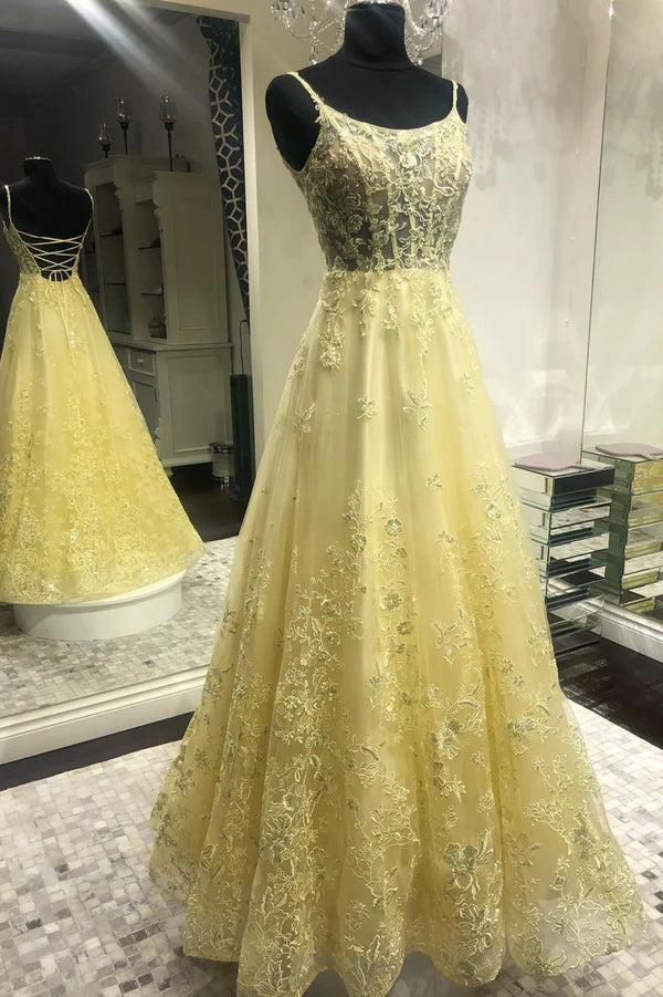 Wholesale Yellow Tulle Long Prom Dress with Lace A-Line Backless Party Dress