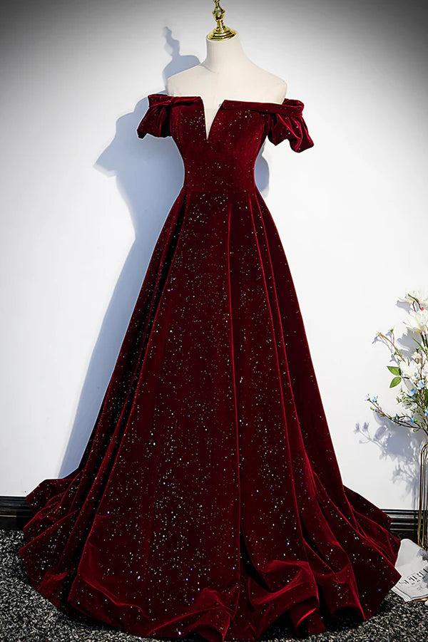 Wholesale Burgundy Velvet Long Prom Dress A-Line Off the Shoulder Evening Dress
