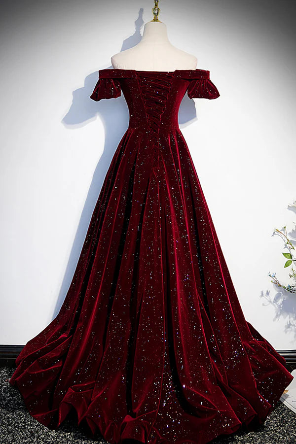 Wholesale Burgundy Velvet Long Prom Dress A-Line Off the Shoulder Evening Dress