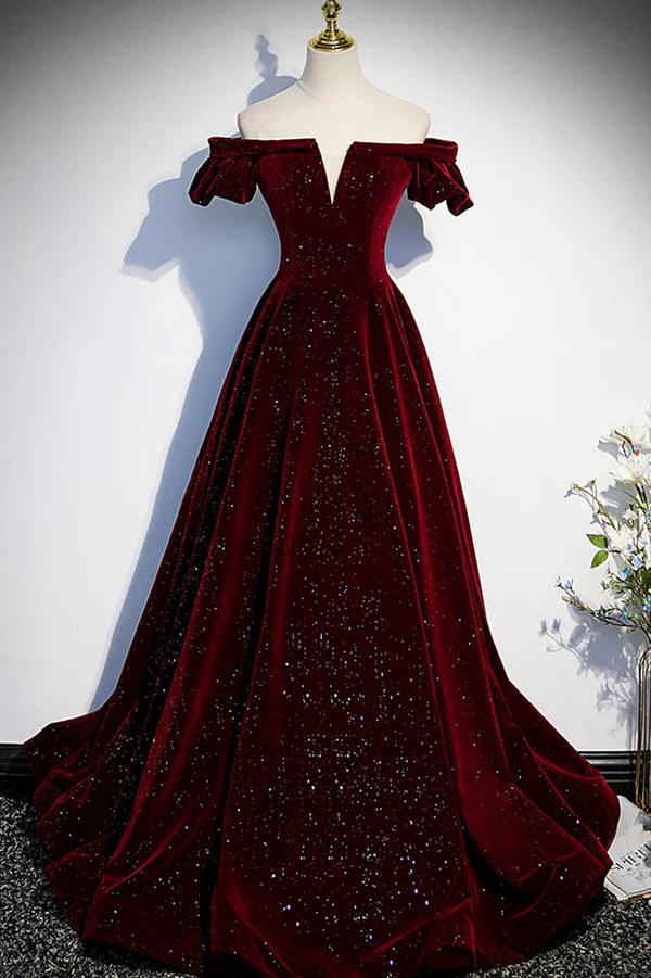 Wholesale Burgundy Velvet Long Prom Dress A-Line Off the Shoulder Evening Dress