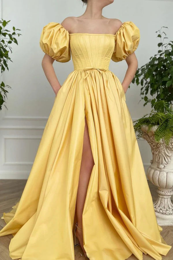 Wholesale Yellow Satin Long A-Line Prom Dress Cute Short Sleeve Evening Dress with Slit