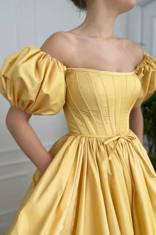 Wholesale Yellow Satin Long A-Line Prom Dress Cute Short Sleeve Evening Dress with Slit
