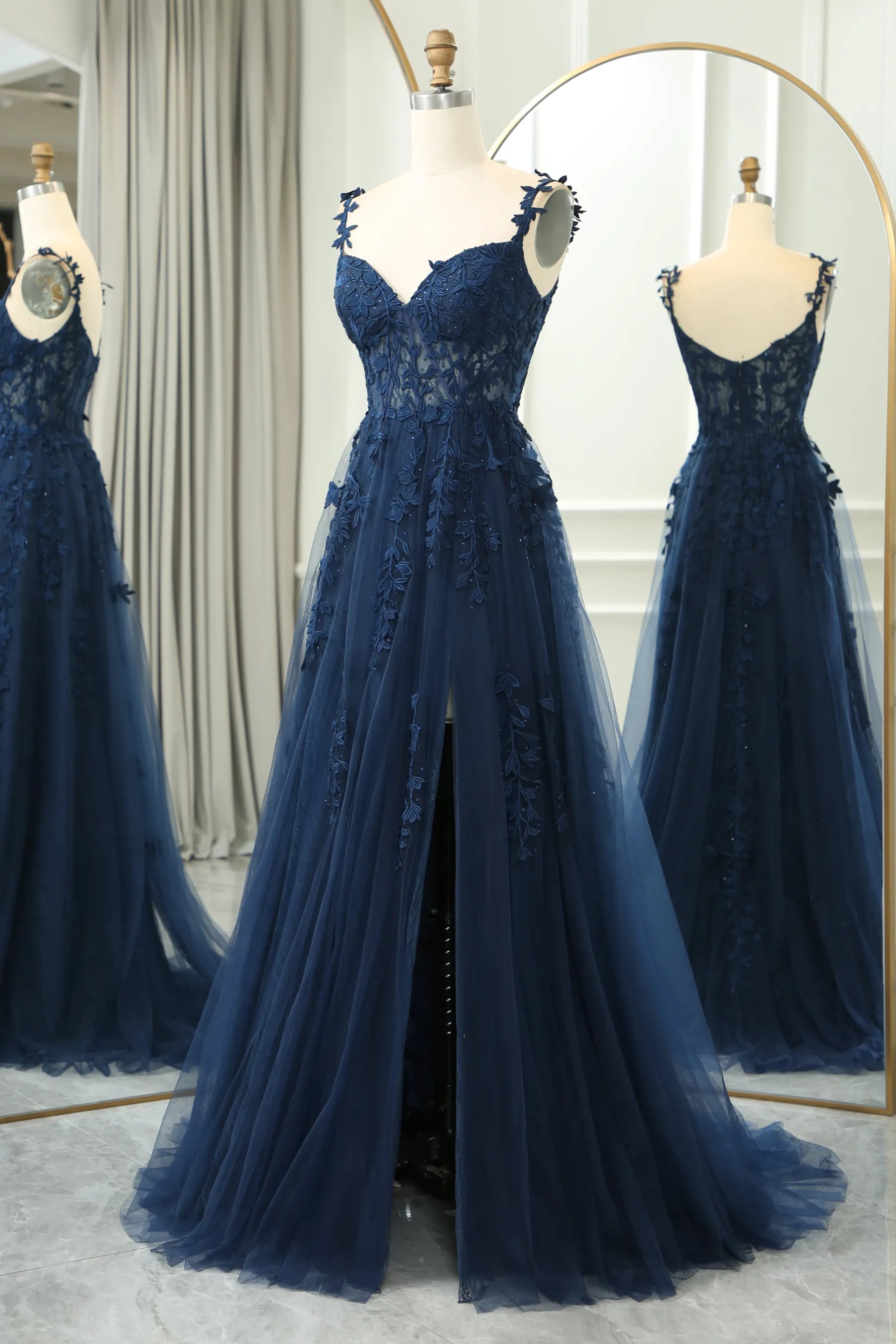 Wholesale Navy A-Line Spaghetti Straps Zipper Back Long Prom Dress With Appliques prom dresses with long sleeves
