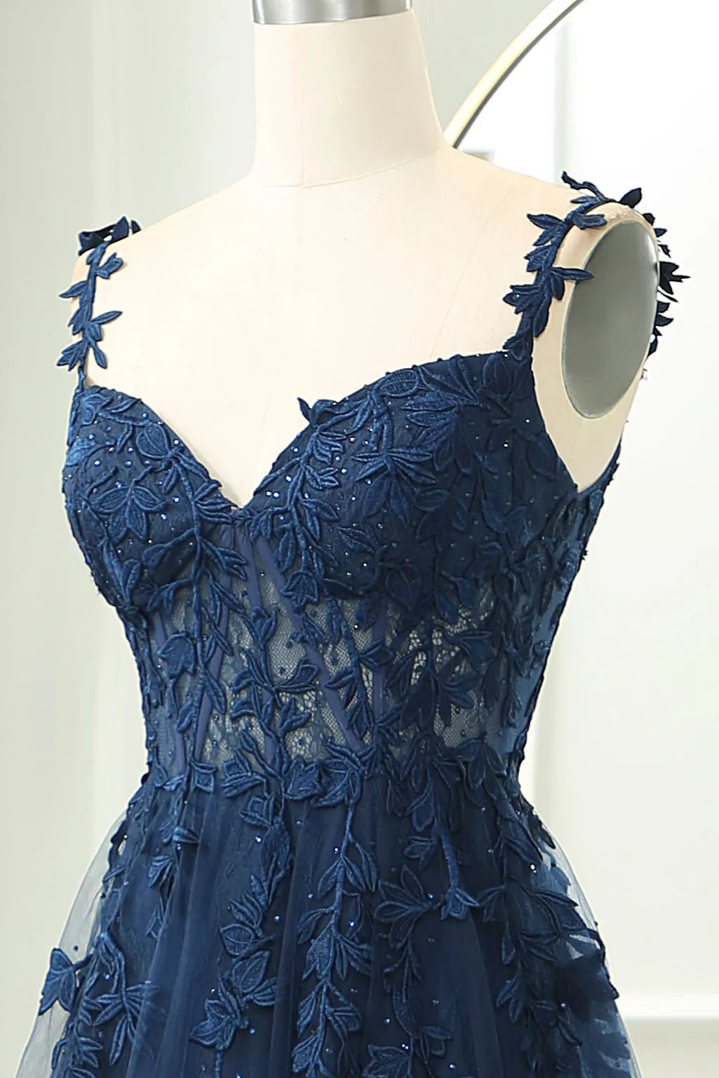 Wholesale Navy A-Line Spaghetti Straps Zipper Back Long Prom Dress With Appliques prom dresses with long sleeves