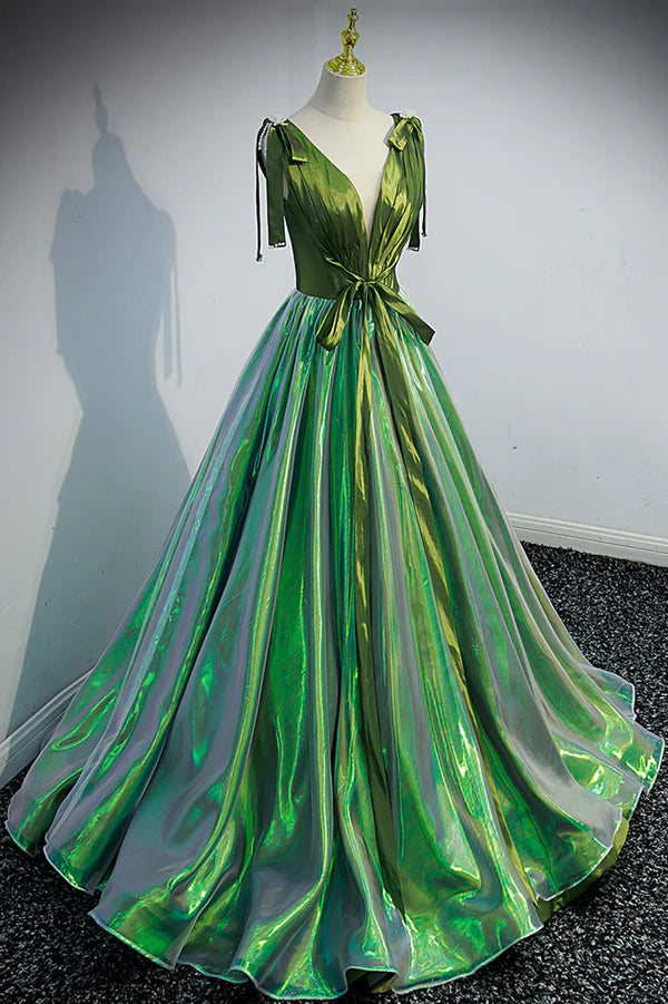 Wholesale Green V-Neck Long A-Line Prom Dress Simple Green Evening Party Dress