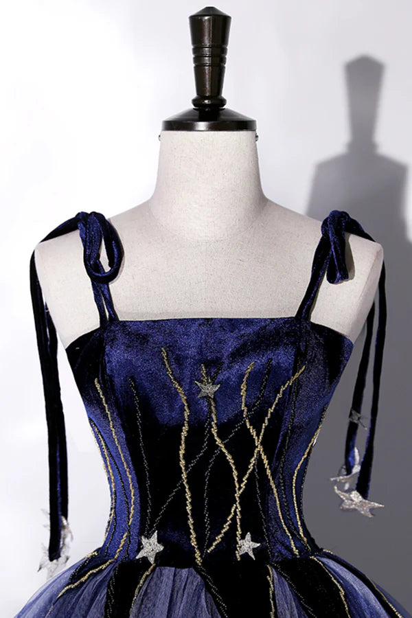 Wholesale Blue Spaghetti Strap Tulle Long Prom Dress with Star Blue Evening Party Dress