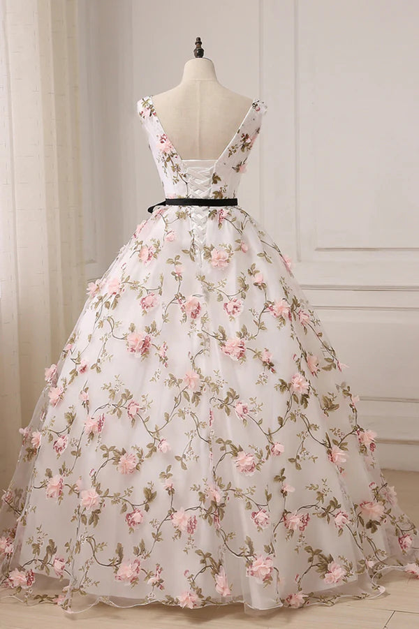 Wholesale White Tulle Long A-Line Prom Dress White V-Neck Evening Dress