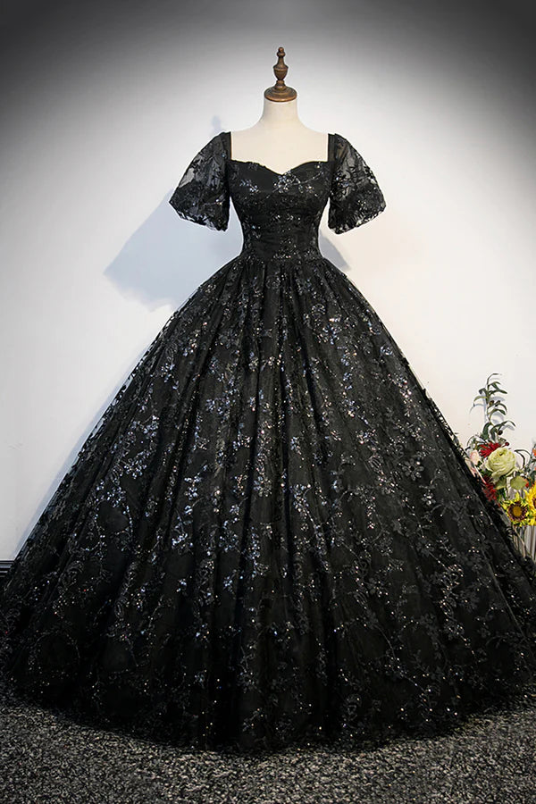 Wholesale Black Tulle Sequins Long Prom Dress A-Line Short Sleeve Formal Evening Gown
