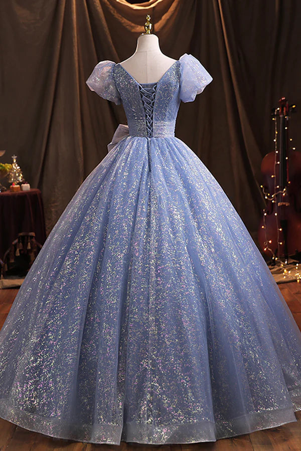 Wholesale Blue V-Neck Shiny Tulle Long Prom Dress A-Line Short Sleeve Formal Dress