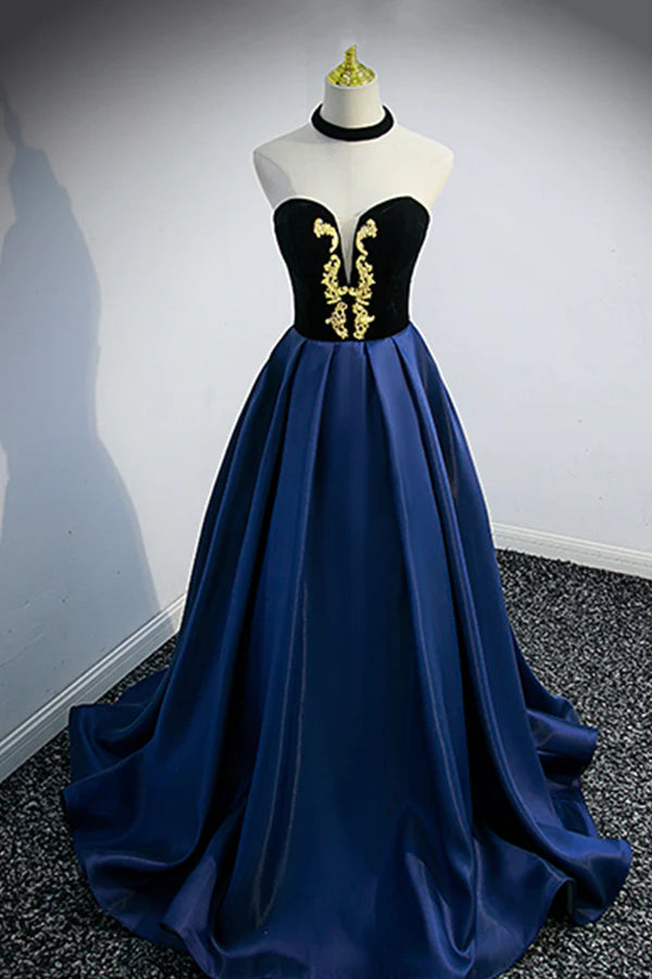 Wholesale Blue Satin Lace Long Prom Dress Blue Short Sleeve Evening Party Dress