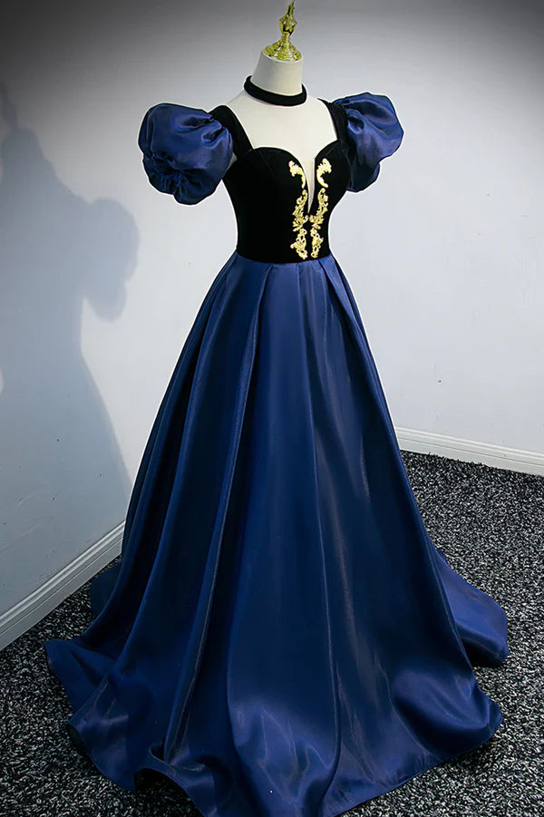 Wholesale Blue Satin Lace Long Prom Dress Blue Short Sleeve Evening Party Dress
