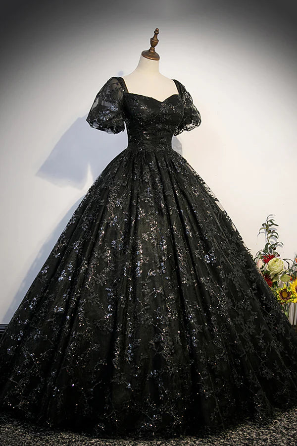 Wholesale Black Tulle Sequins Long Prom Dress A-Line Short Sleeve Formal Evening Gown