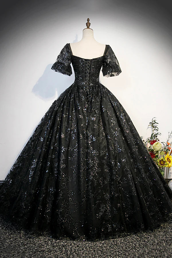 Wholesale Black Tulle Sequins Long Prom Dress A-Line Short Sleeve Formal Evening Gown