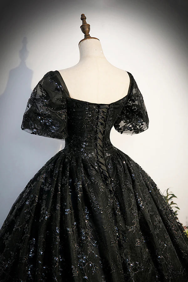 Wholesale Black Tulle Sequins Long Prom Dress A-Line Short Sleeve Formal Evening Gown