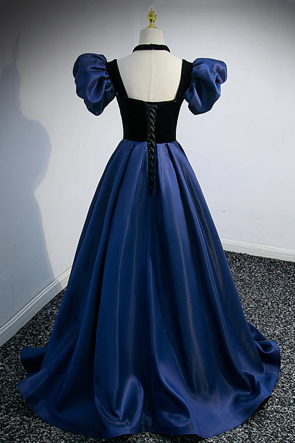 Wholesale Blue Satin Lace Long Prom Dress Blue Short Sleeve Evening Party Dress