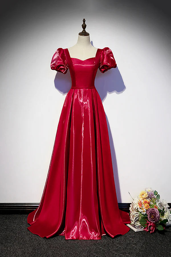 Wholesale Burgundy Satin Long Prom Dress Simple A-Line Evening Dress