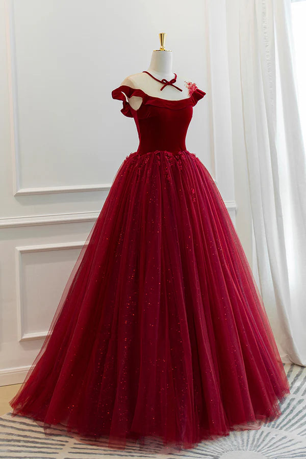 Wholesale Burgundy Velvet Tulle Floor Length Prom Dress Lovely Evening Party Dress