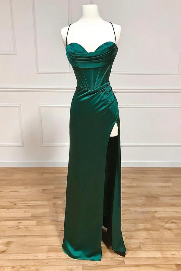 Wholesale Green Satin Long Prom Dress Simple Lace-Up Evening Party Dress