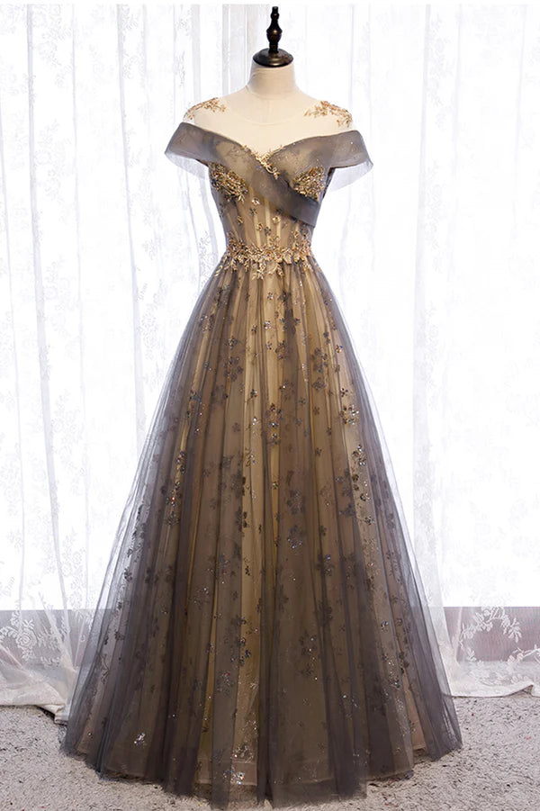 Wholesale Gray Scoop Tulle Sequins Long Prom Dress A-Line Evening Party Dress