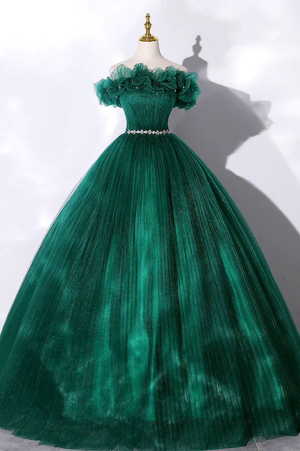 Wholesale Off the Shoulder Tulle Long Prom Dress Green A-Line Evening Graduation Dress