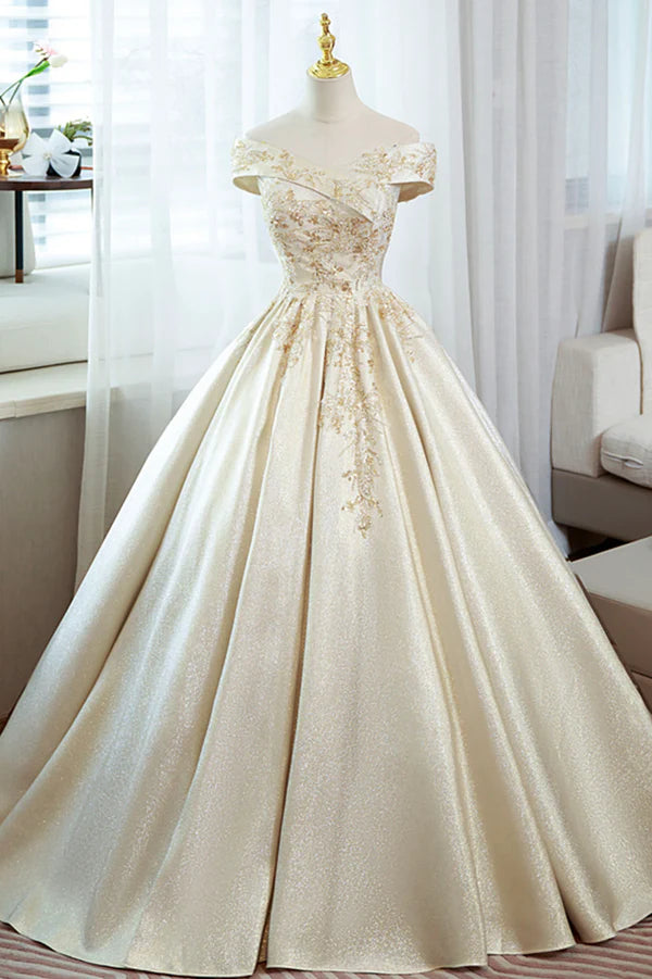 Wholesale Champagne Satin Long Prom Dress with Beaded V-Neck Evening Party Dress