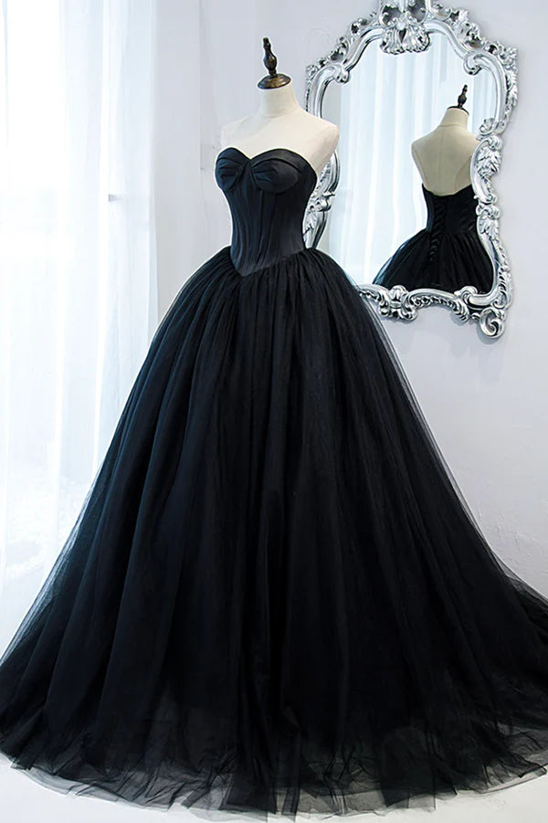 Wholesale Black Strapless Tulle Long A-Line Prom Dress Black Formal Evening Gown