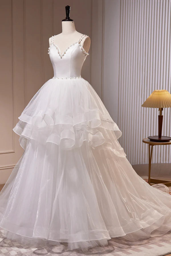 Wholesale White V-Neck Tulle Long Prom Dress A-Line Evening Dress with Train