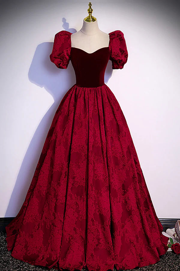 Wholesale Burgundy Velvet Long A-Line Prom Dress Burgundy Short Sleeve Evening Dress