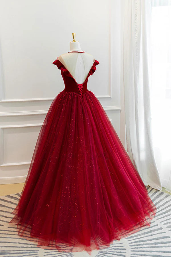 Wholesale Burgundy Velvet Tulle Floor Length Prom Dress Lovely Evening Party Dress