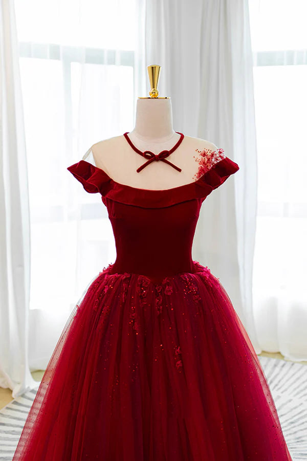 Wholesale Burgundy Velvet Tulle Floor Length Prom Dress Lovely Evening Party Dress