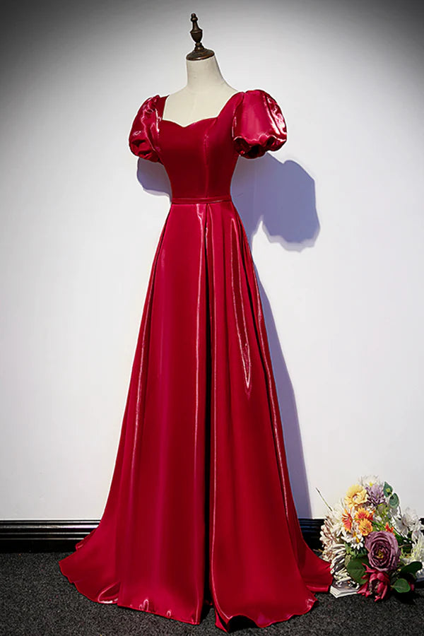Wholesale Burgundy Satin Long Prom Dress Simple A-Line Evening Dress