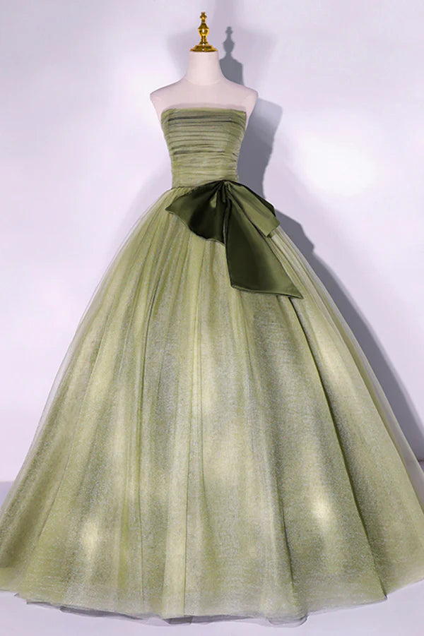Wholesale Green Tulle Long A-Line Prom Dress Green Strapless Evening Gown