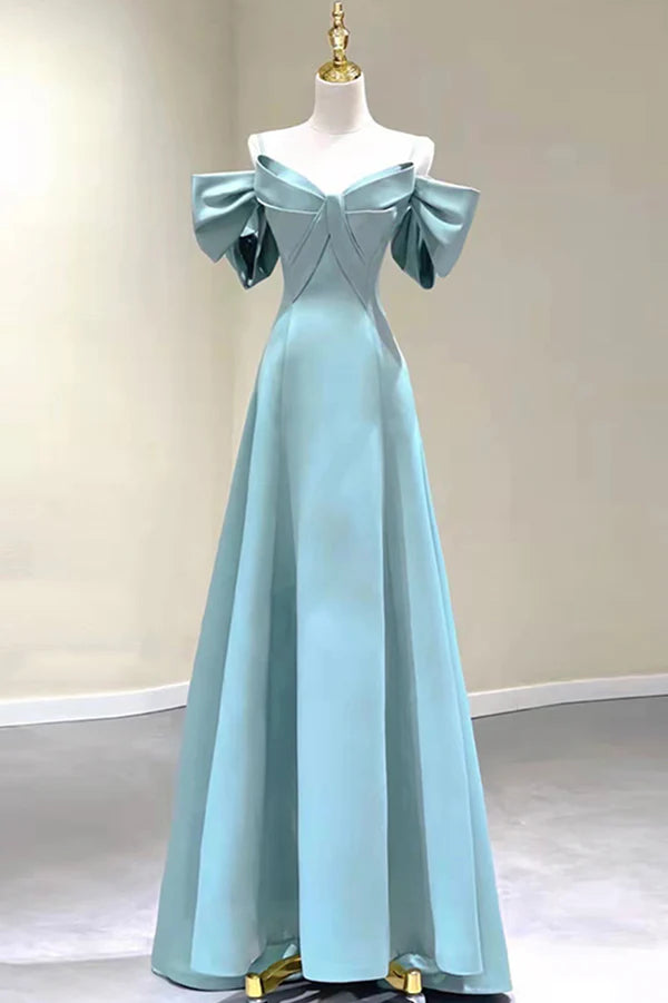 Wholesale Blue Satin Long A-Line Prom Dress Unique Spaghetti Straps Evening Dress