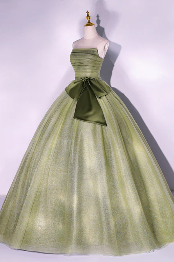 Wholesale Green Tulle Long A-Line Prom Dress Green Strapless Evening Gown