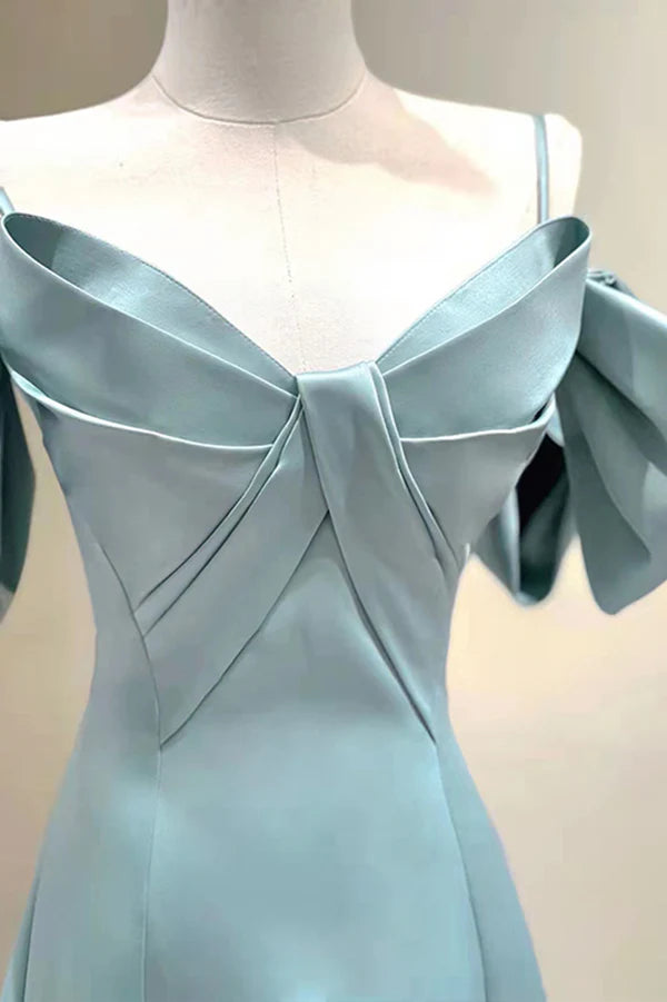 Wholesale Blue Satin Long A-Line Prom Dress Unique Spaghetti Straps Evening Dress