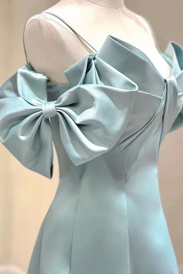 Wholesale Blue Satin Long A-Line Prom Dress Unique Spaghetti Straps Evening Dress