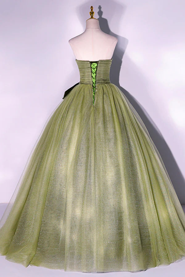 Wholesale Green Tulle Long A-Line Prom Dress Green Strapless Evening Gown