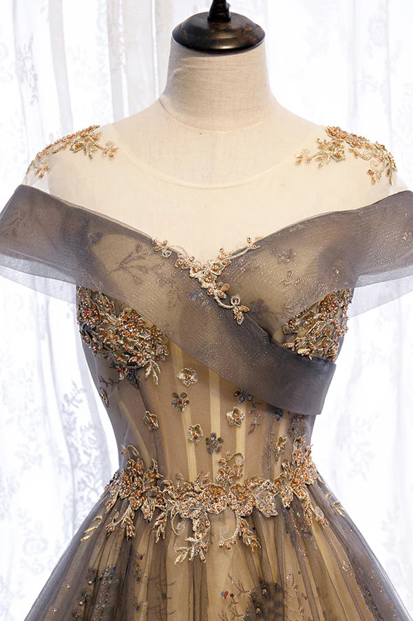 Wholesale Gray Scoop Tulle Sequins Long Prom Dress A-Line Evening Party Dress