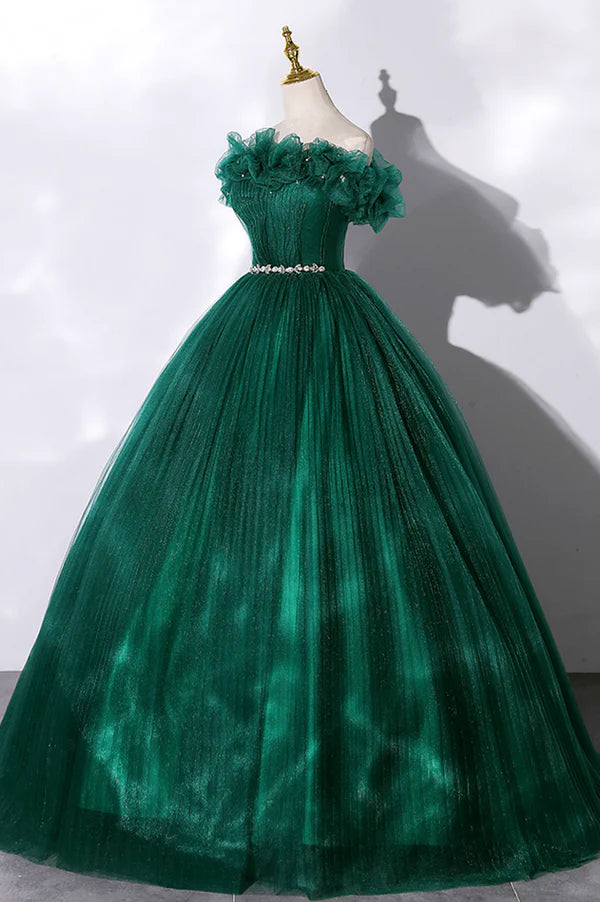 Wholesale Off the Shoulder Tulle Long Prom Dress Green A-Line Evening Graduation Dress