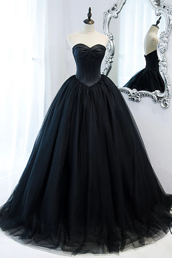 Wholesale Black Strapless Tulle Long A-Line Prom Dress Black Formal Evening Gown