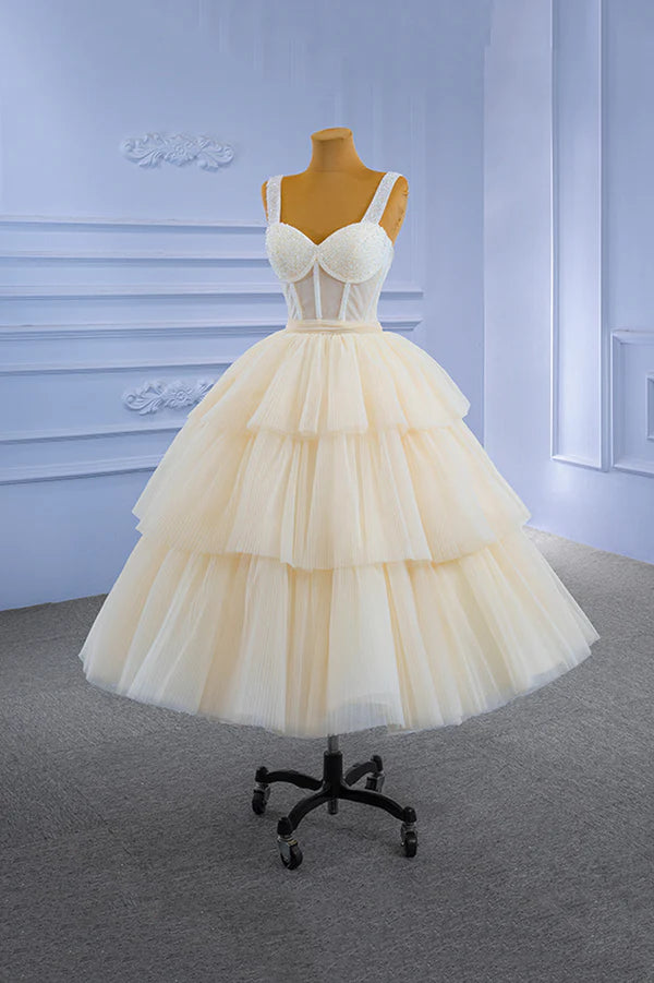 Wholesale Champagne Tulle Short Prom Dress with Beaded A-Line Tea Length Party Dress