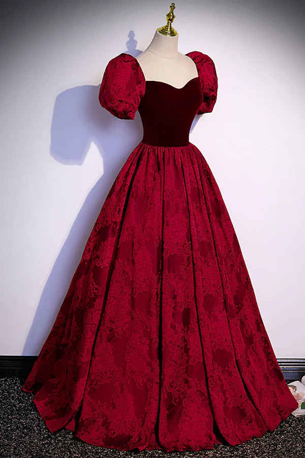 Wholesale Burgundy Velvet Long A-Line Prom Dress Burgundy Short Sleeve Evening Dress
