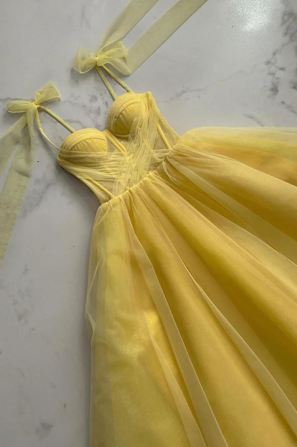 Wholesale Yellow Tulle Long A-Line Evening Dress Cute Spaghetti Strap Prom Dress
