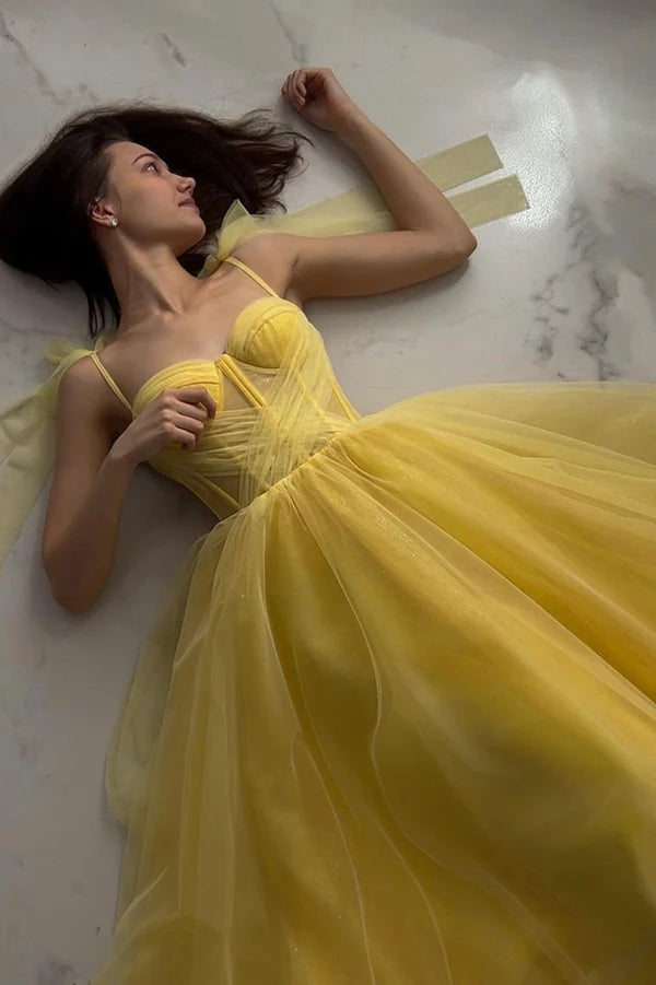 Wholesale Yellow Tulle Long A-Line Evening Dress Cute Spaghetti Strap Prom Dress