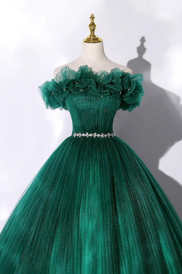 Wholesale Off the Shoulder Tulle Long Prom Dress Green A-Line Evening Graduation Dress