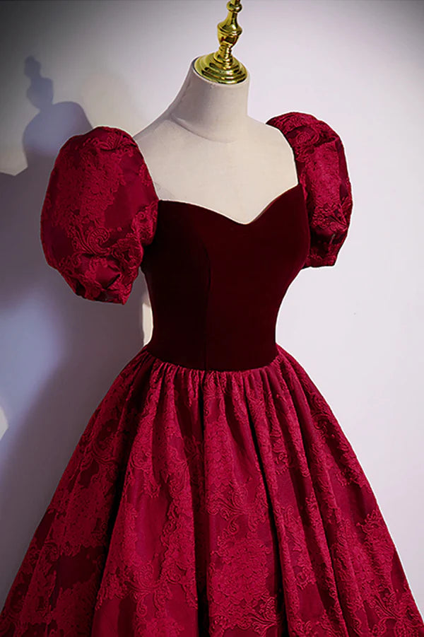 Wholesale Burgundy Velvet Long A-Line Prom Dress Burgundy Short Sleeve Evening Dress