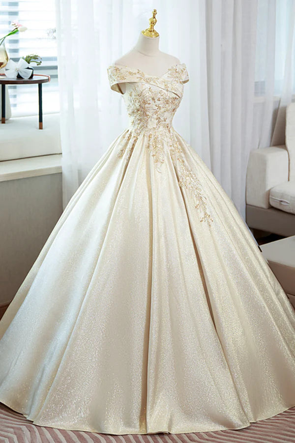 Wholesale Champagne Satin Long Prom Dress with Beaded V-Neck Evening Party Dress