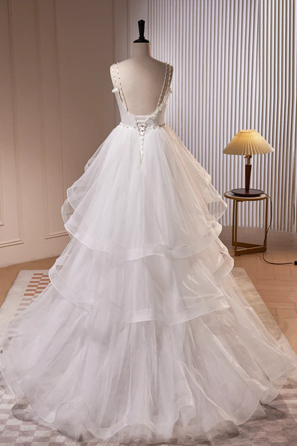 Wholesale White V-Neck Tulle Long Prom Dress A-Line Evening Dress with Train